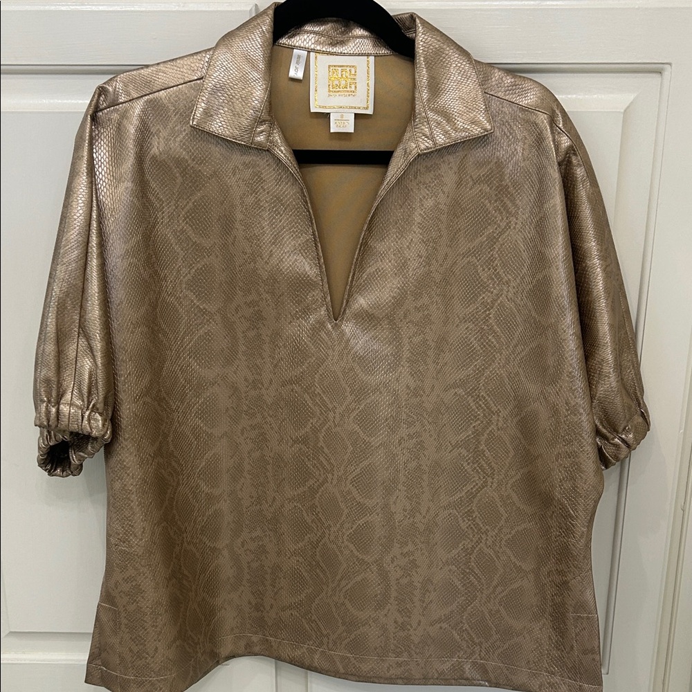 St. John Collection Metallic Taupe Snake-Print V-Neck Blouse